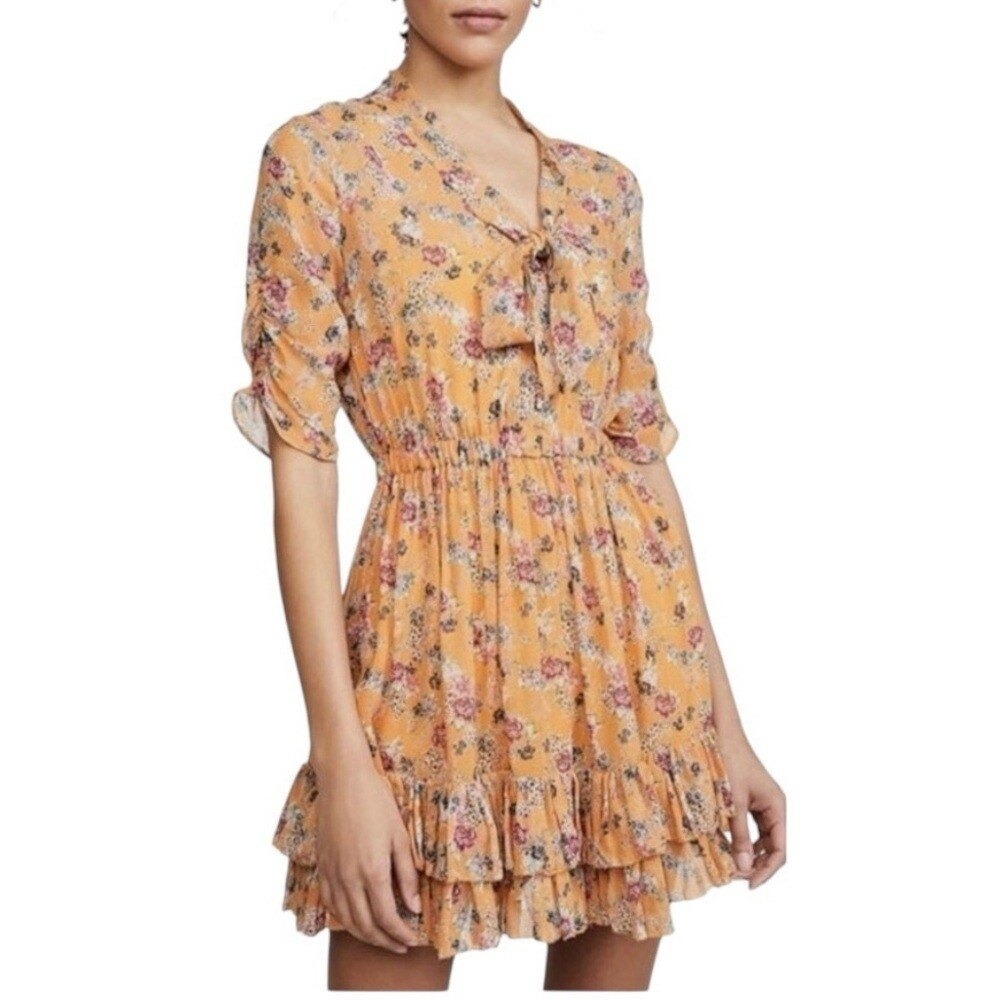 byTiMo Yellow Floral Ruffle Smocked Mini Dress Womens Large Boho Tiered Viscose